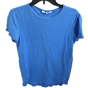 FRAME Blue Organic Linen Crew Neck Short Sleeve Raw Hem T Shirt Top M